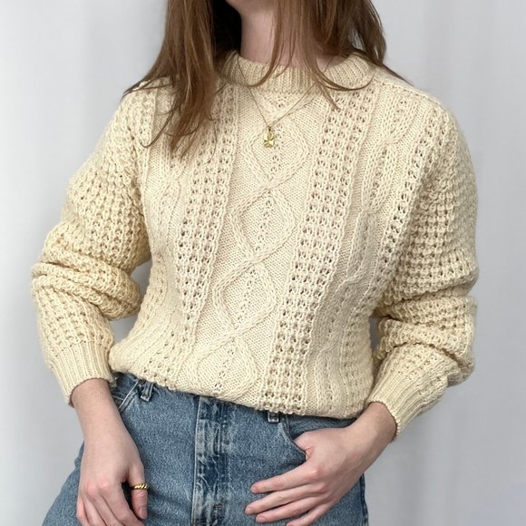 Vintage Aran Cable Knit Made in Ireland Oversized Fisherman Celtic Crew Sweater - Picture 9 of 10